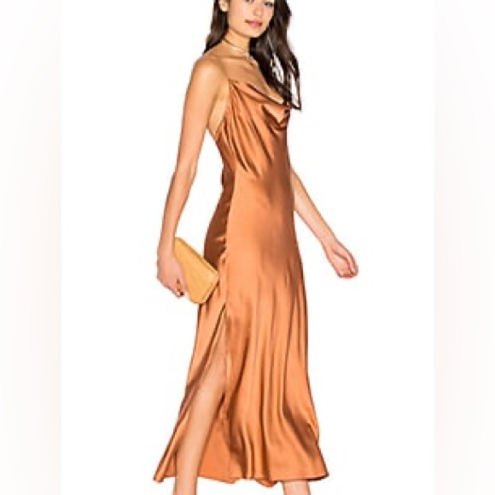 LPA bronze slit midi satin dress